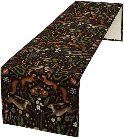 Rustic Forest Table Runner, Fairy Tale Forest Woodland Wild Animals Moths Flowers Table Runner for Farmhouse Cottage Kitchen Dining Table Decor Indoor Outdoor Party, 13x36inch