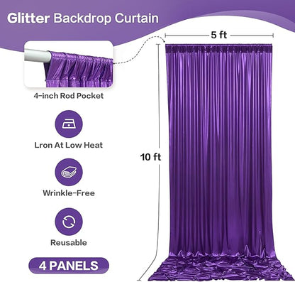 gogoparti 20x10FT Purple Sequin Backdrop Curtain - 4 Panels of 5x10FT Wrinkle-Free Glitter Drapes for Photography, Birthdays, Weddings & Graduations
