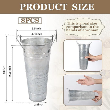8pcs 10inch Small Galvanized Flower Bucket,Small Metal Vases for Flowers,Metal Vase,Flower Vases for Bouquet,Flower Buckets for Flower Bar Supplies (Silver,10inch Height,Set of 8)