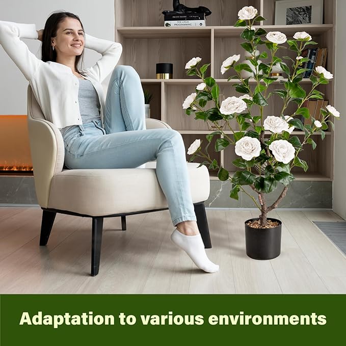 Artificial Camellia Tree,2Pack 3.2FT Faux White Camellia Plants in Pots,Lifelike Artificial Flower Trees for Indoor Outdoor Home Decor,Realistic Blooming Faux Plants for Living Room Porch Patio Office