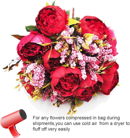 1pcs Artificial Peony Bouquet,19 Inch Silk Peony Bunch with 7 Faux Flowers,Classical Style Artificial Flowers with Leaves and Ornaments for Wedding,Home Décor Centerpieces(Red)