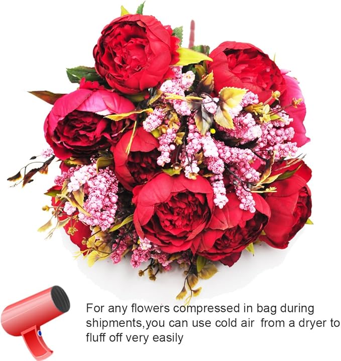 2pcs Artificial Peony Bouquets,19 Inch Silk Peony Bunch with 7 Faux Flowers,Classical Style Artificial Flowers with Leaves and Ornaments for Wedding,Home Décor Centerpieces(Red)