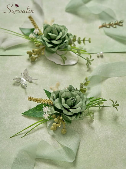 Serwalin Set of 2 Boutonniere for Men, 6-7inch Corsage Groom Groomsman Best Man Boutonnieres for Wedding Prom Ceremony Anniversary Party Cake Topper, Green