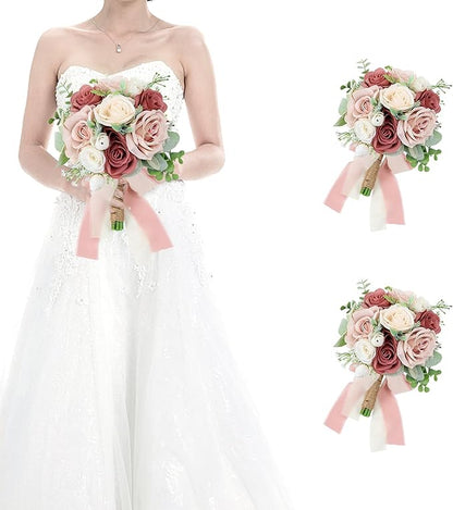 Set of 2 Bridesmaid Bouquets for Wedding - 7 Inch Artificial Flowers Bouquets for Ceremony Anniversary Centerpieces Decorations - Pink and White