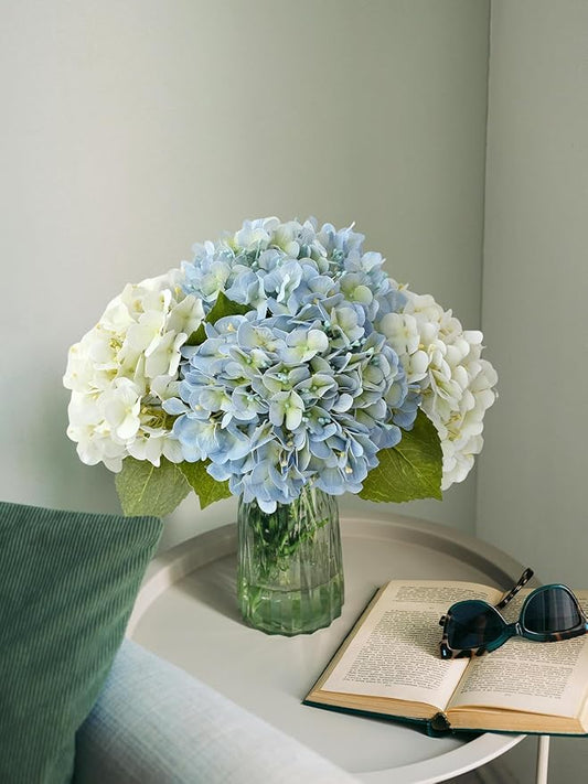 4 Pcs 20'' Real Touch Hydrangeas 2 White 2 Light Blue Artificial Hydrangeas Flowers Faux Latex Hydrangea for Kitchen Living Room Porch Home Decor Baby Shower Party Wedding Table Centerpiece