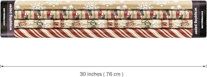 RUSPEPA Wrapping Paper, Kraft Paper - Snowflakes, Car and Christmas Tree, Stripes and Merry Christmas - 4 Rolls - 30 inches x 10 feet per Roll
