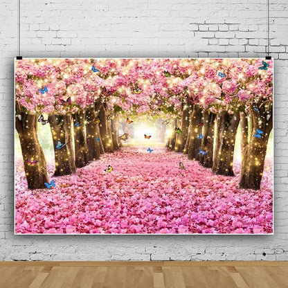 Renaiss 6x4ft Pink Cherry Blossom Backdrop Fairy Tale Romantic Pink Flowers Tree Butterfly Floral Petal Falling Boulevard Photography Background for Wedding Newborn Party Decor Photo Props