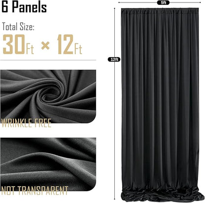 gogoparti 30 ft × 12 ft Black Backdrop Curtain for Wedding Parties, 6 Panels Wrinkle-Free 12 FT Long Polyester Photo Backdrop Drapes for Birthday, Baby Shower, Halloween Photography Background