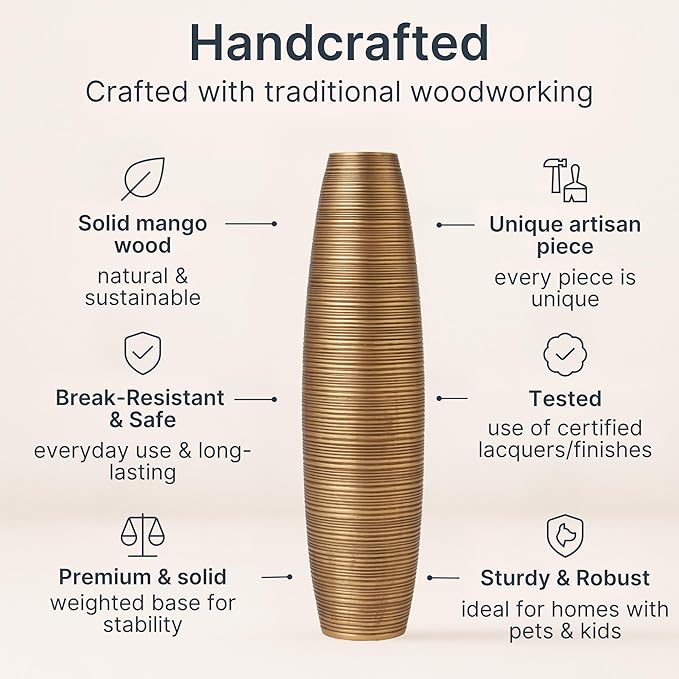 LEEWADEE Large Floor Vase – Handmade Flower Holder Made of Wood, Sophisticated Vessel for Decorative Branches and Dried Flowers, 43 inches, Golden