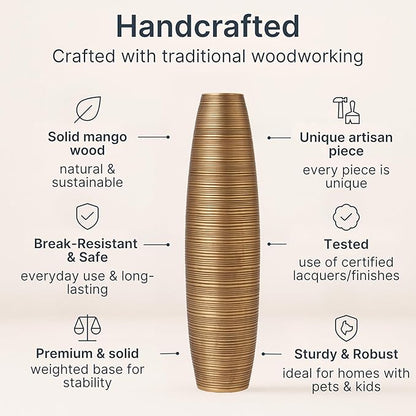 Leewadee Large Gold Home Decor Floor Vase - Wooden 26 inch Tall Farmhouse Decor Flower Holder for Fake Plant and Pampas Grass