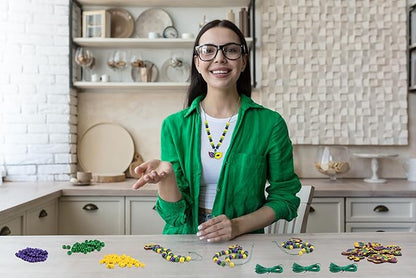 Eternity sky 36 Pcs Mardi Gras Beads Necklace Kit - DIY Purple Green Gold Wooden Craft Pendant Set for Carnival Party Favors - 9 Styles