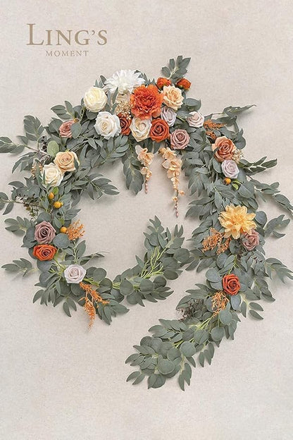 Ling's moment Fall 9FT Flower Garland for Backdrop Decorations - Wedding Arch Flowers, Eucalyptus & Rose, Artificial Floral Garland for Mantle - Sweetheart Table Decor for Ceremony, Terracotta