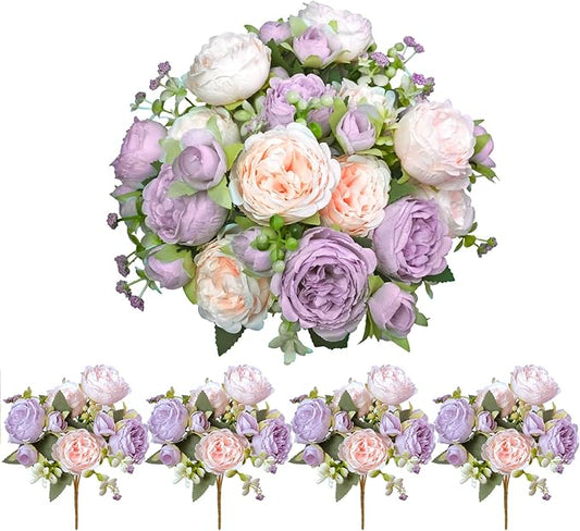 Peony Artificial Flowers, 4 Bundles Fake Peonies Faux Flower Centerpieces for Tables Vase, Bulk Pink Purple Silk Peonies Artificial Bouquet for Wedding Decorations Indoor Floral Arrangement