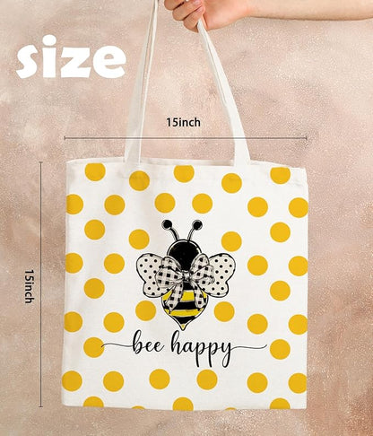 Bee Happy Canvas Tote Bag, Inspirational Bee Gifts for Women Bee Lovers, Summer Bee Tote Bag for Women, Reusable Grocery Bags Shopping Bags, White, 140GA-TTBA-sunmerbee