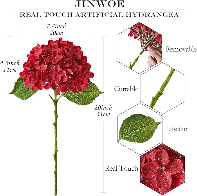 Hydrangea Artificial Flowers, Lifelike Latex Silk Real Touch Faux Hydrangea Flowers, Artificial Hydrangeas Bouquet for Wedding Centerpieces Tables Party Home (Red)