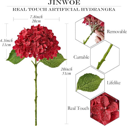 Hydrangea Artificial Flowers, Lifelike Latex Silk Real Touch Faux Hydrangea Flowers, Artificial Hydrangeas Bouquet for Wedding Centerpieces Tables Party Home (Red)