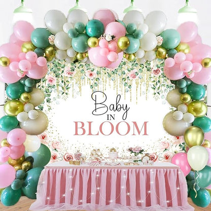 Sensfun Baby in Bloom Backdrop Green Leaves Pink Flowers Baby Shower Party Decorations Girls Greenery Floral Baby in Bloom Banner Gold Glitter Dots Photography Background Cake Table Supplies 7x5ft