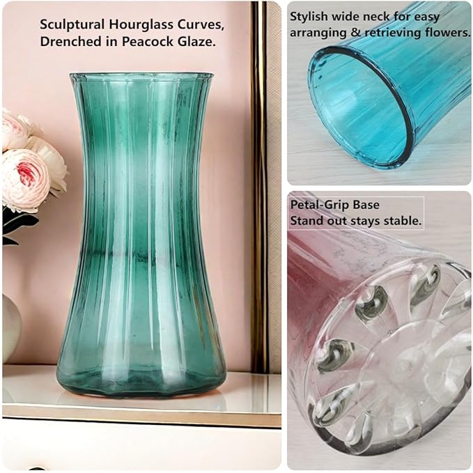 9 in.Tall Mint Green Glass Flower Vase - Modern Ribbed Hourglass Shape,Wide Opening Decor for Home Living Room, Dining Table, Wedding Gift