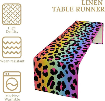 Rainbow Leopard Skin Print Table Runner, Wildlife Colorful Neon Cheetah Dots Dinner Runner Table Decoration for Farmhouse Home Kitchen Dining Table Party Holiday Decor 13x90in