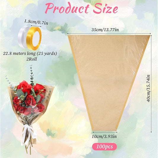 Exclaith 100 Pcs Flower Bouquet Wrapping Paper, Paper Clear Flower Sleeves Bulk Flowers Bags with Ribbons for Bouquets, for Florist Supplies, Mother's Day, Valentine's Day, Graduation, 15.7x13.8 Inch