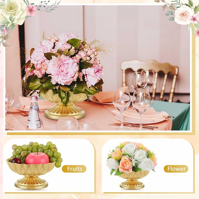 2 Pcs Metal Compote Bowl for Centerpiece Flower Holder Small Compote Vase Indoor Outdoor Flowers Fruits Plant for Christmas Wedding Home Party Decoration (Medium,Bright Gold)