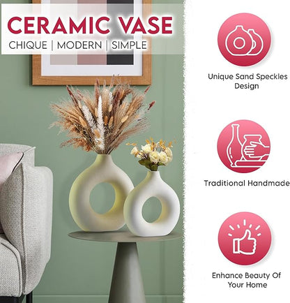 White Ceramic Vase Set of 2, Modern Vases for Centerpieces, Round Matte Donut Vase for Fresh Cut Flowers, Living Room, Console Table, and Spring Decor