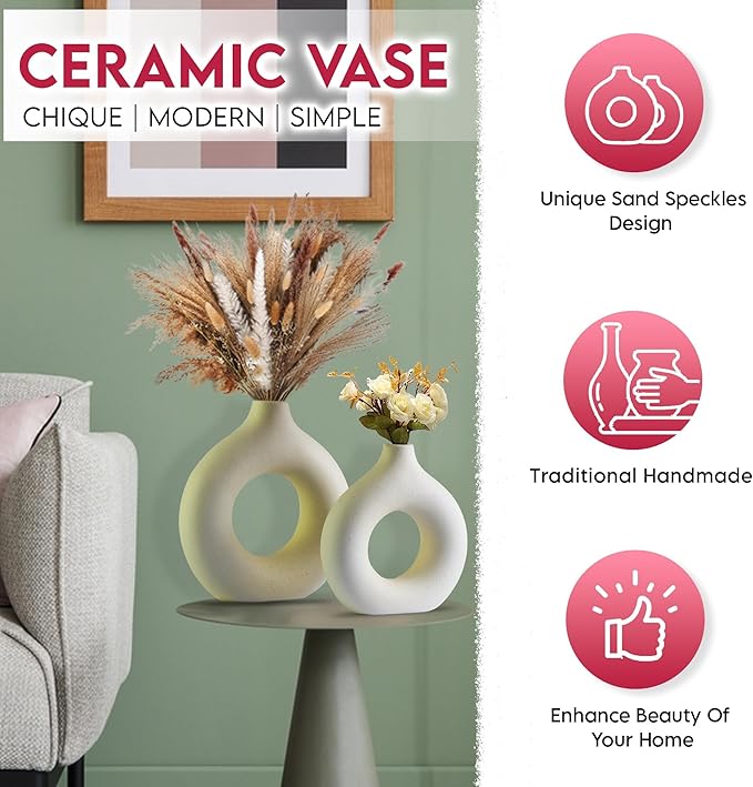 Cream Ceramic Vase Set of 2, Super Large and Large Modern Vase for Pampas Grass, Minimalist Style Decor for Bedroom, Wedding, Living Room, Party, fireplace mantel decor, Office, and Spring Gift