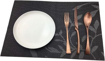 Gugrida Place Mats PVC Set of 6, Table Placemats Set of 6 PVC Woven Vinyl Place Mats Table Mats Natural Color (6 pcs, Black Leaves)