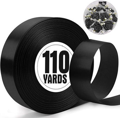 XSEINO 110 Yards Ribbon,1 1/2 Inch Black Satin Ribbon for Flower Bouquet, Gift Wrapping, Ribbons for Crafts, Hair Bows Making, Wedding Party Decoration, Sewing, Invitation Cards, Christmas