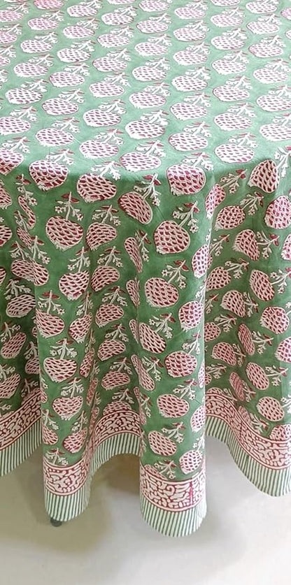 ATOSII Roma Green 100% Cotton Round Tablecloth, Handblock Print Floral Table Cloth for Kitchen Dining Linen I Parties, Weddings, Outdoors, Spring Summer Decor I 72" Inches Round