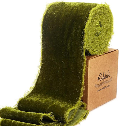 Ribbli Moss Green Velvet Ribbon 3 Inch Handmade Frayed Vintage Christmas Ribbon for Gift Wrapping Christmas Tree Ornament Wreath Craft Home Decor -3 Yards