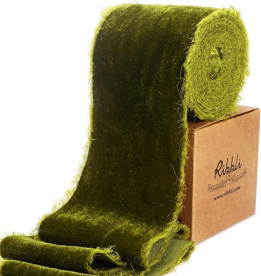 Ribbli Moss Green Velvet Ribbon 3 Inch Handmade Frayed Vintage Christmas Ribbon for Gift Wrapping Christmas Tree Ornament Wreath Craft Home Decor -3 Yards