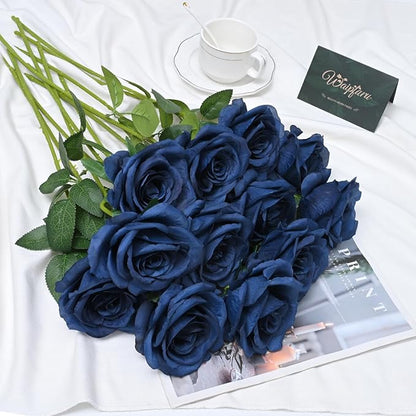 Waipfaru 16 Pcs Blue Roses Artificial Flowers, Long Stem Fake Roses, Silk Faux Flowers for Valentines Wedding Bouquet Vase Centerpiece Home Decor (Navy Blue)