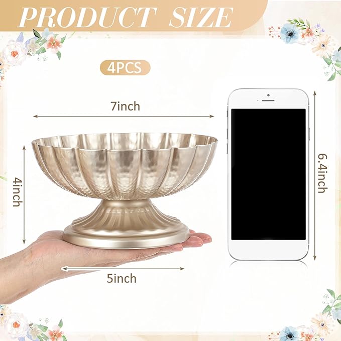 4 Pcs Metal Compote Bowl for Centerpiece Flower Holder Small Compote Vase Indoor Outdoor Flowers Fruits Plant for Christmas Wedding Home Party Decoration (Medium,Silver)