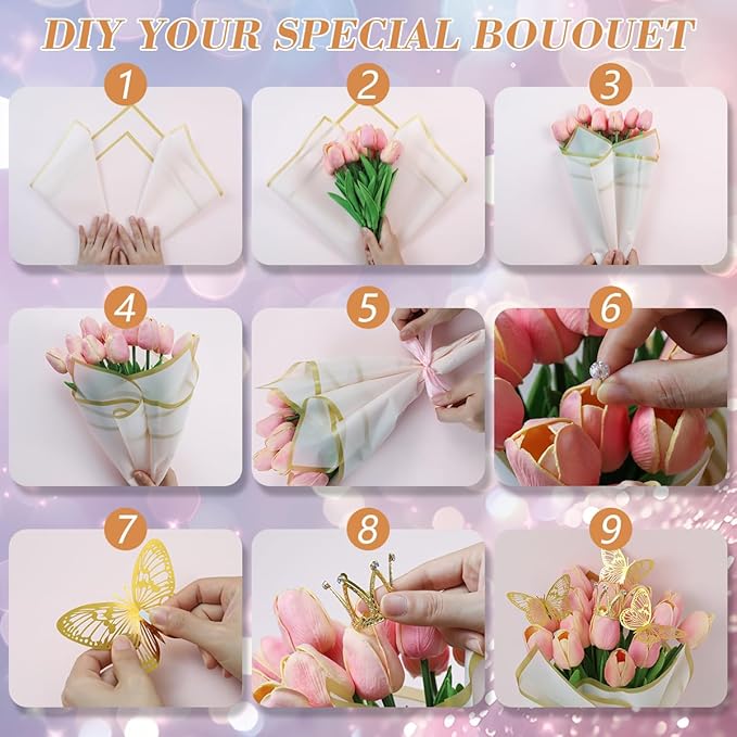 XEUZK 430Pcs Floral Wrapping Paper Kits, &120Sheet Waterproof Floral Paper, RibbonX3 Bamboo SticksX50, Tape Dispenser,Tape X2, Flower PinsX150, ButterfliesX48, CrownsX9, Greeting CardX30 for Wrapping