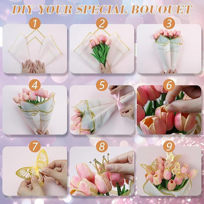 XEUZK 430Pcs Floral Wrapping Paper Kits, &120Sheet Waterproof Floral Paper, RibbonX3 Bamboo SticksX50, Tape Dispenser,Tape X2, Flower PinsX150, ButterfliesX48, CrownsX9, Greeting CardX30 for Wrapping