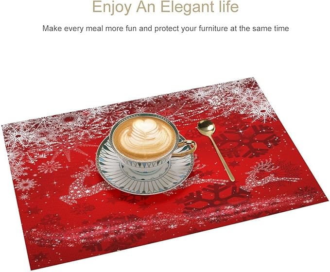 Christmas Elk Placemats Cartoon Red Festive Christmas Snowflake Gift Bell Beautiful Deer Placemats Table Kitchen Dining Party 12x18 Inch Set of 6