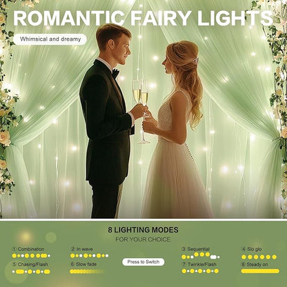 Tulle Curtain Backdrop with 300 LED Fairy Lights for Parites Wrinkle-Free Sheer Curtain Drapes Photo Back Drop for Wedding Baby Shower Bridal Shower Birthday Home Décor - 10ft×10ft, Sage Green