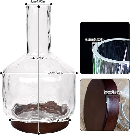 Decorative Glass Vase with Wooden Base, Modern Design for Fresh Flowers, Home and Office Decor