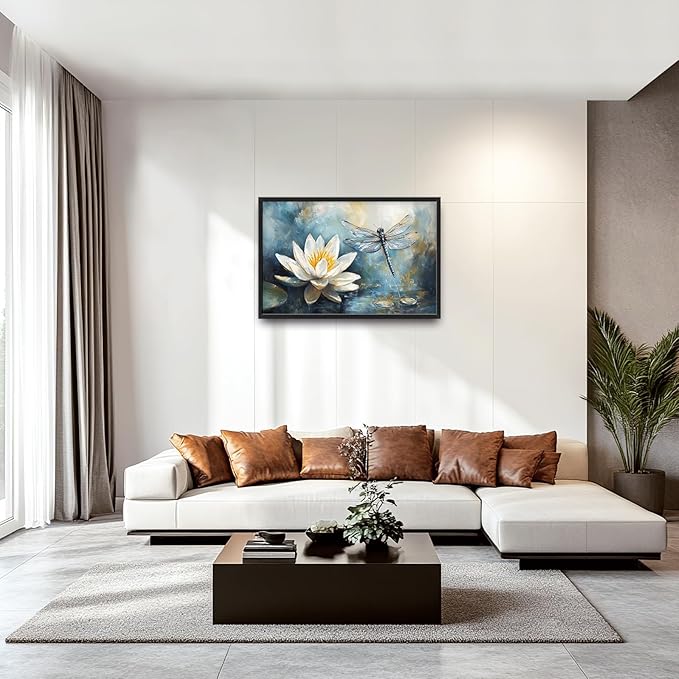 Extra Large Lotus Dragonfly Framed Wall Art for Living Room,Abstract Blue Lotus Flower Lake Pictures Wall Decor,Nature Canvas Print Painting Modern Artwork Bedroom Office Bathroom 36L x 24W