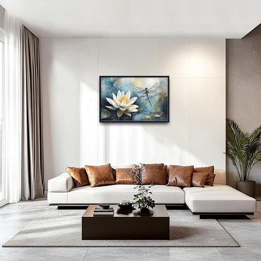 Extra Large Lotus Dragonfly Framed Wall Art for Living Room,Abstract Blue Lotus Flower Lake Pictures Wall Decor,Nature Canvas Print Painting Modern Artwork Bedroom Office Bathroom 36L x 24W