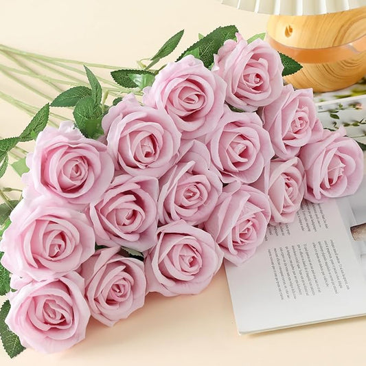 15Pcs Pearl Pink Roses Artificial Flowers Fake Roses Long Stem Velet Rose Silk Flowers for Home Wedding Decoration (Pearl Roses,Pink)