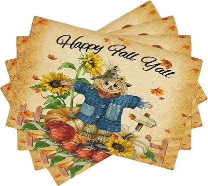 Autumn Scarecrow Placemats Farmhouse Rustic Vintage Brown Sunflower Pumpkin Flower Maple Thanksgiving Placemats Table Kitchen Dining Party 12x18 Inch Set of 4