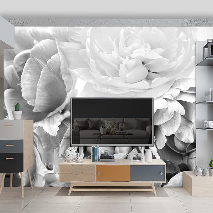 Grey Peony Floral Wallpaper Bedroom Black and White Flowers murals Aesthetic Room Decor Living Room tv Background Large Wall Mural - 160"x108" Not Peel and Stick
