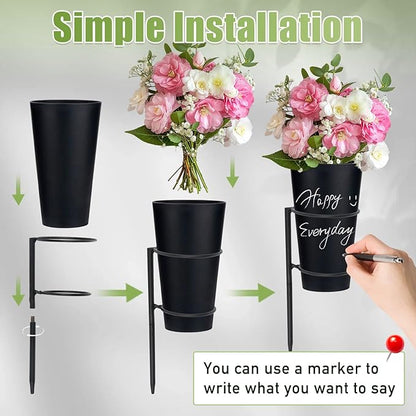 Metal Grave Vase Flower Holder with Spikes Metal Cemetery Vase Flower Holder in ground Decoration with Floral Foam Black for Memorial Markers, Graveside Decor Sign for Outdoor Yard Lawn