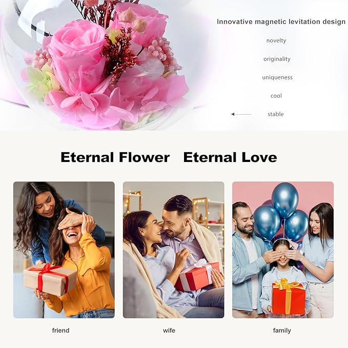 LoveLin Magnetic Levitation Circle Table Lamp with Bluetooth Speaker,5W Led Night Light,Three Variable Color,Automatic Rotating Preserved Flowers Creative Gifts Home Office Ornament Rotundity Layout