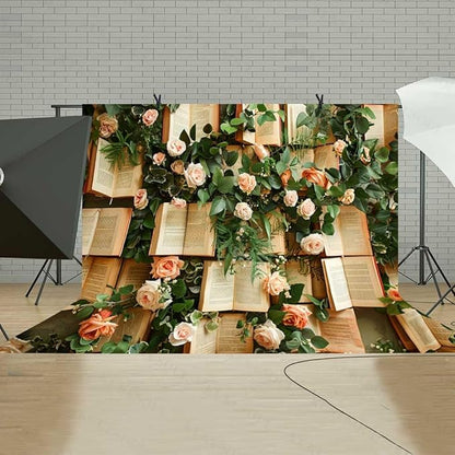 10x8FT Books Flowers Wall Photography Backdrop Green Leaves Rose Flowers Vintage Books Background Newborn Bridal Shower Birthday Party Banner Decor Supplies Photo Studio KUBDJ1003