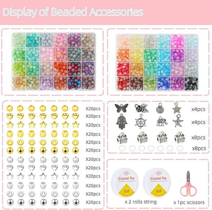 1300PCS 8mm Mixed Crackle Glass Beads for Bracelets Making with Accessories, 48 Colors Crystal Glass Beads Jewelry Making Kit, Round Beads for DIY Bracelet Crafts