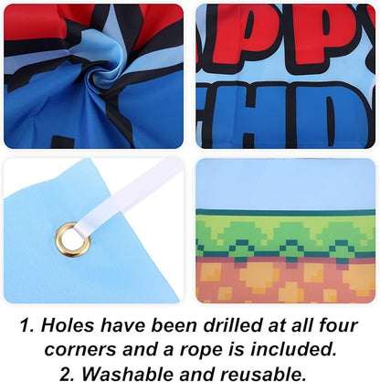 Cartoon Happy Birthday Backdrop, 150 * 100cm/5 * 3ft Video Game Themed Birthday Banner Cute Wall Hanging Decoration for Party Celebration Supplies