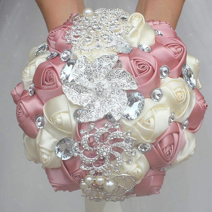 Wedding Bouquet Wedding Bouquets for Bride and Bridesmaid Artificial Silk Rose Bouquet for Wedding Occasion 7 inch Diameter, 9.8 inches Length 1pcs (Ivory+Pink)